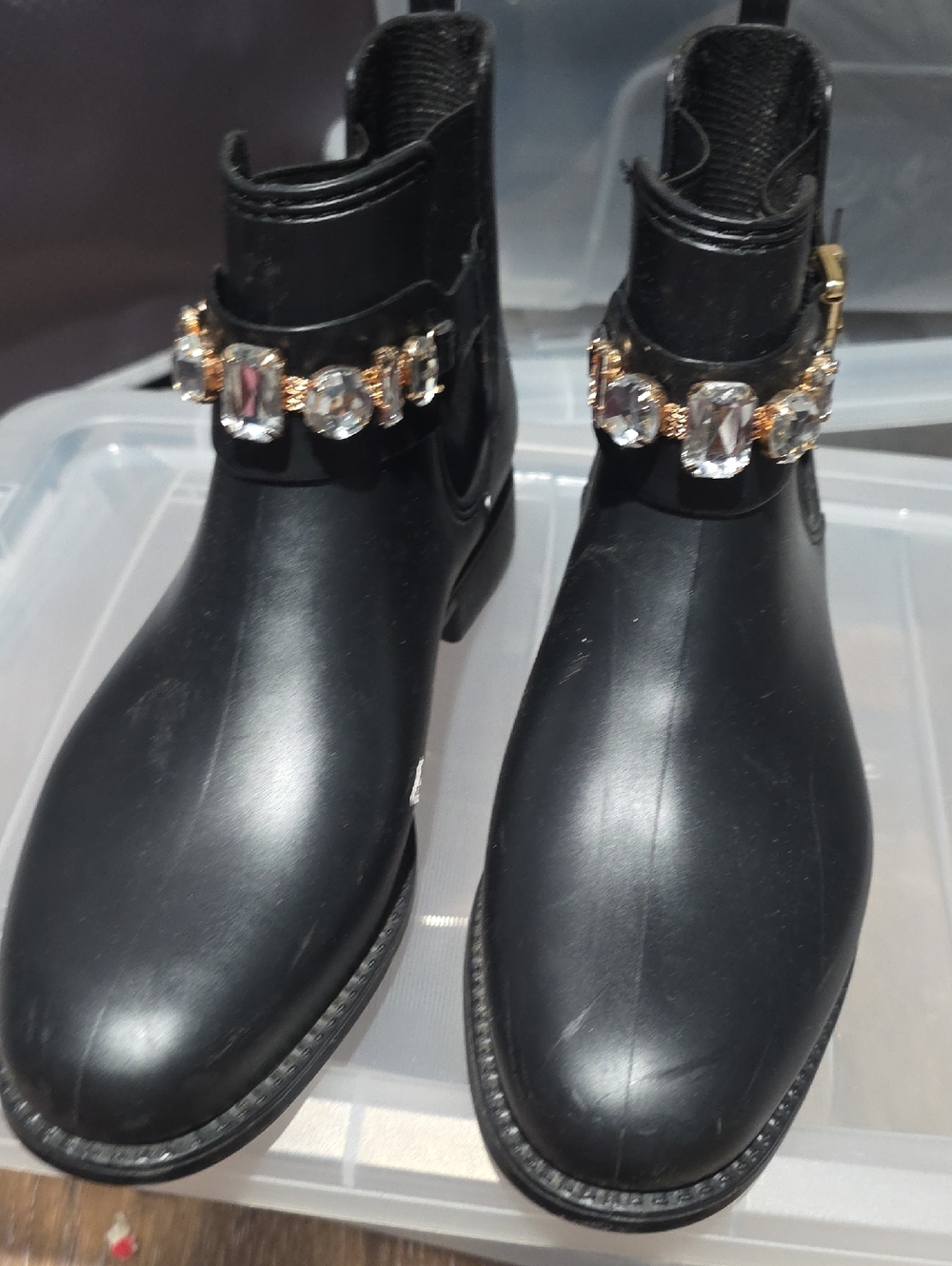 Henry Ferrera Black Rain Boots with Gold jeweled strap
